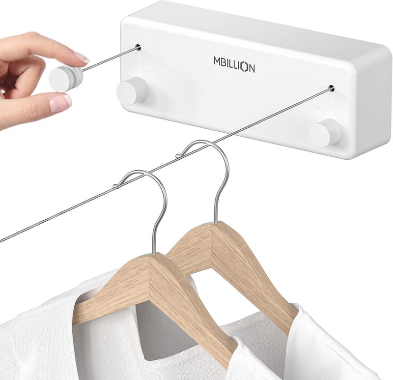 Mbillion Retractable Clothesline 13.8 Ft Stainless Steel Double Clothes line retracting Indoor Heavy Duty Retractable Laundry Line Wall Mounted (Double Line-White) - Image 1